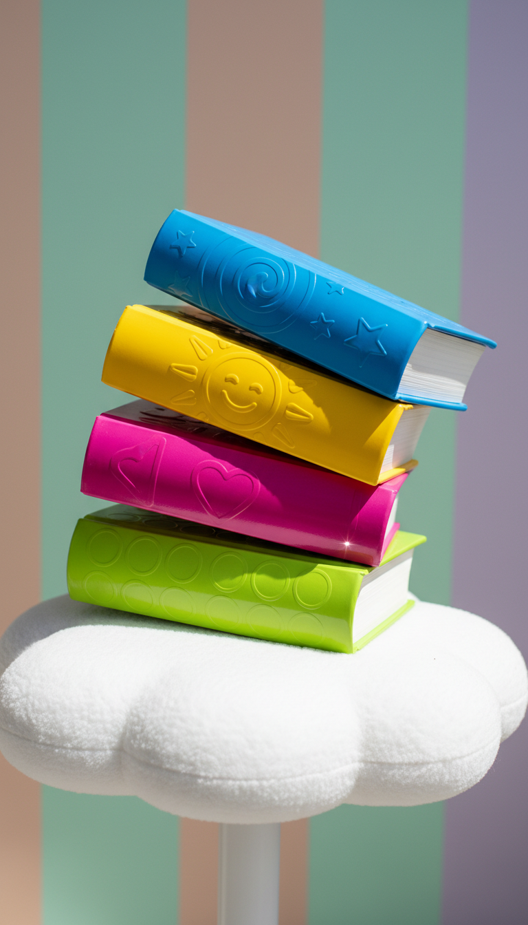 A cheerful stack of vibrantly colored hardcover books, each with playful rounded corners and glossy, embossed covers in contrasting hues like electric blue, sunshine yellow, and fuchsia. The stack teeters at a whimsical angle atop a circular, cloudlike white table against a clean, bright pastel wall. Direct overhead sunlight streams down and creates crisp, lively highlights along the glossy book surfaces, while rounded shadows dance below. The overall mood is energetic and joyful, inviting curiosity and engagement. Captured from a slightly low, angled perspective, with a shallow depth of field that keeps the book spines perfectly sharp while the colorful background softly blurs. The style is photographic realism with bold, saturated colors and a spirited, youthful composition that embodies the playful personality of a dynamic book review blog.