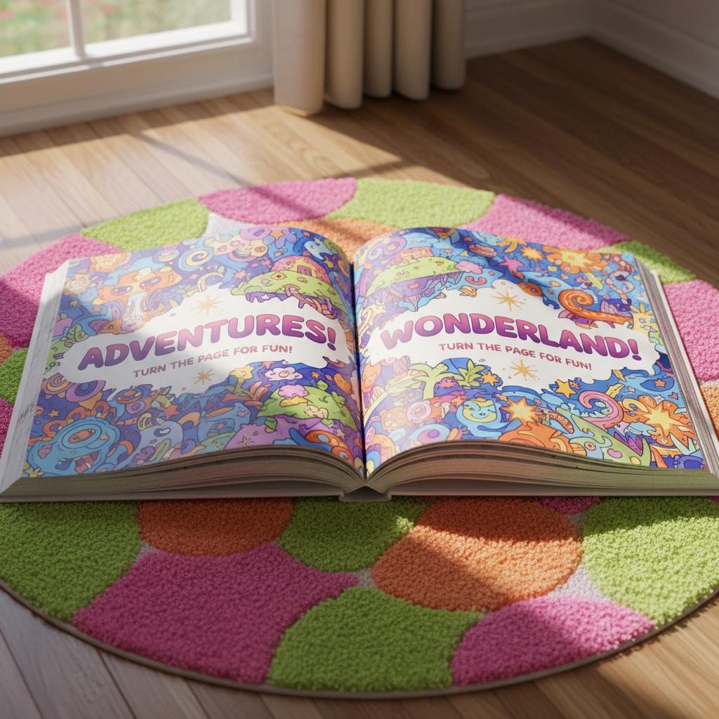 An open, large-format picture book with thick matte pages, each page swirling with playful, high-saturation illustrations and oversized, bouncy typography. The book rests on a circular rug patterned in abstract, bright forms—candy pink, lime green, and tangerine—on a glossy wooden floor. Sunlight beams in sideways through a large window, sparkling across the exposed pages and creating soft, round-edged highlights. The setting feels lively and welcoming, brimming with cheerful energy and the promise of imagination. The camera captures the book in close-up from a gently elevated angle, giving a sense of discovery as if about to turn the page. Photographic realism is infused with a whimsical, energetic layout, echoing the site's playful review style and inviting the reader into a joyful world of books.